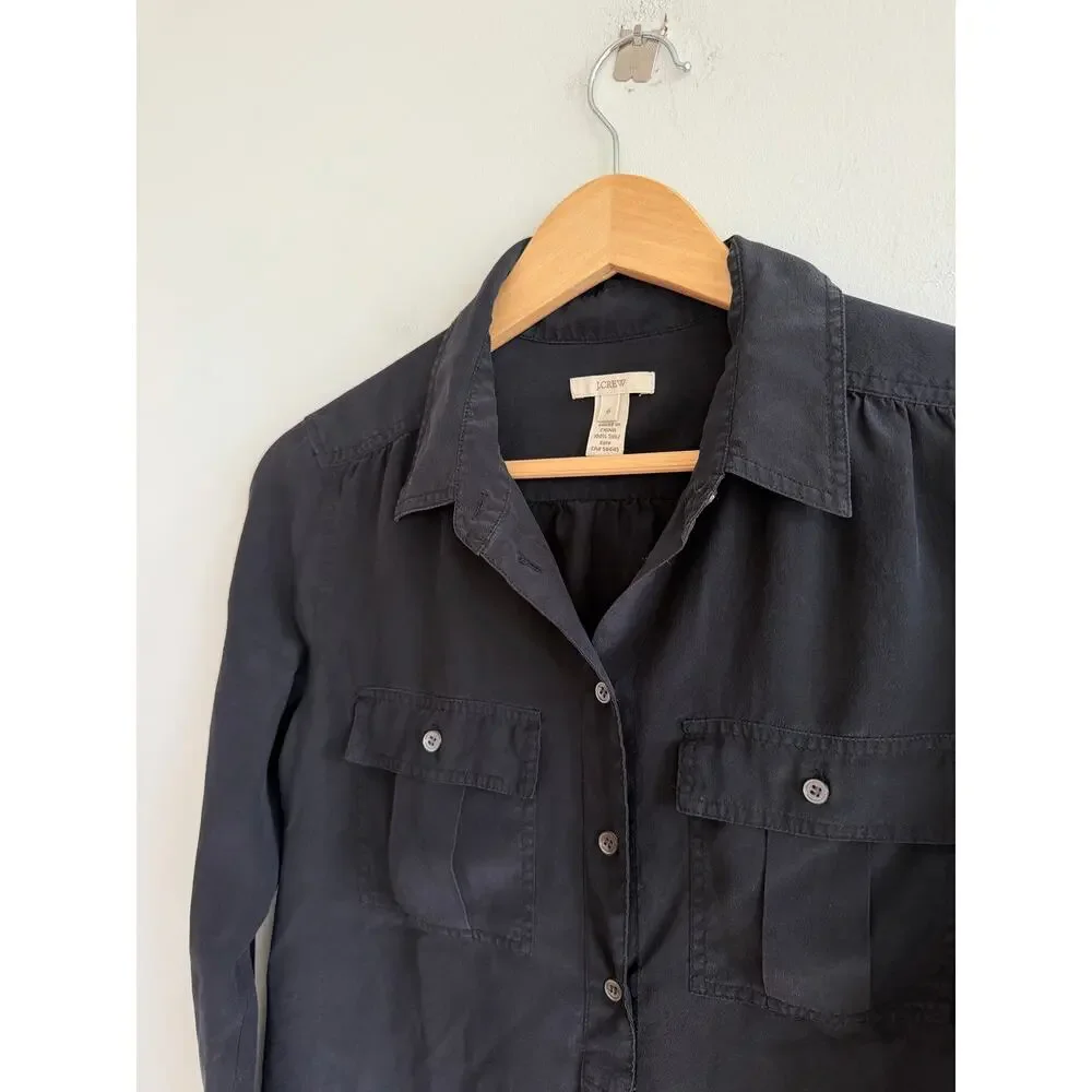 J. Crew Silk Long Sleeve Collared Casual Button Up Shirt Black 6